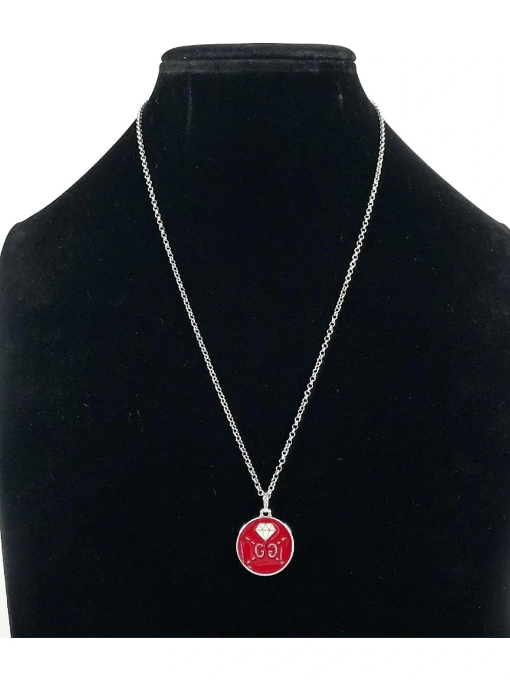 Gucci Ghost Logo Diamond Motif Pendant Sterling Silver 925 Enamel Necklace